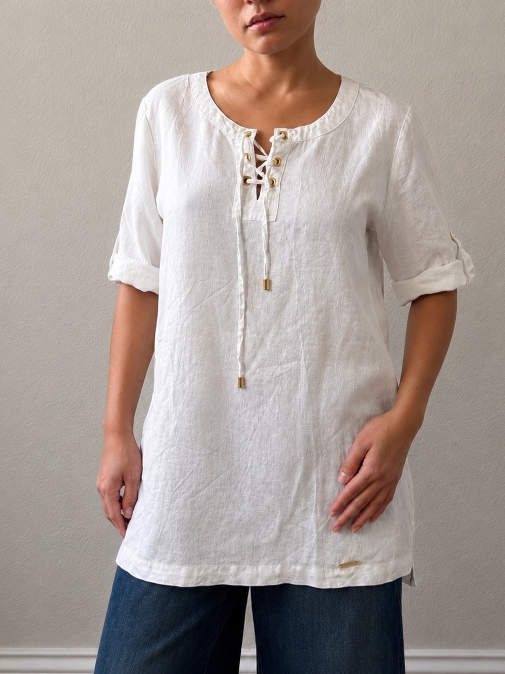 Ellen Tracy White Lace-Up Linen Tunic